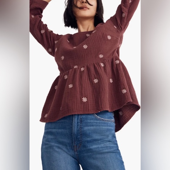 🔖 MADEWELL Embroidered Peplum Open Back Mulberry Top Flower Daisy - Picture 3 of 14